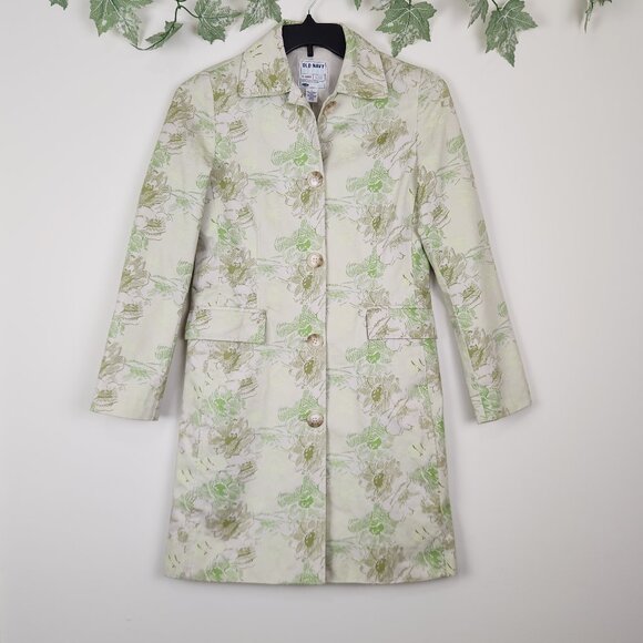Old Navy Jackets & Blazers - Old Navy Size S Green Floral Long Sleeve Trench Coat with Pockets